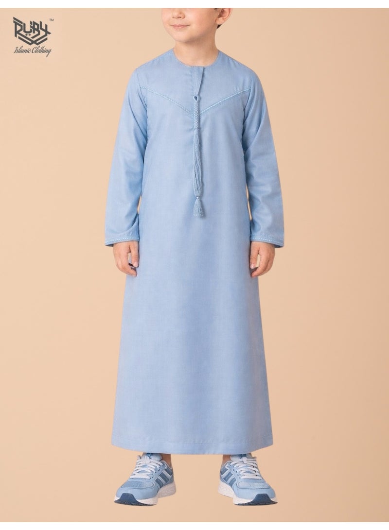 RUBY ISLAMIC CLOTHING Classic Sky Blue Emirati Thobe kandura for Children & kids with Intricate Embroidery kandura Kaftan Round Neck Long Sleeve Saudi Arabian Muslim Robe - Image 1
